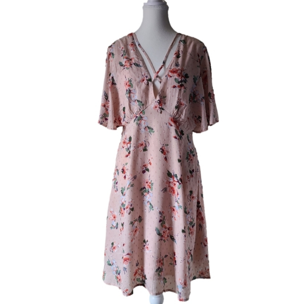 California Moonrise Pink Floral V-Neck Flutter Sleeve Midi Dress Sz M Feminine
